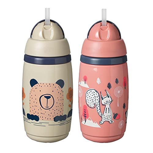 Tommee Tippee Insulated Straw Bottle, 9oz, Spill Proof Toddler Water Bottle For 12 Months+, Flip Lid Helps Keep Straw Clean, Pink and Grey, 2 Count