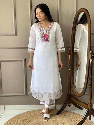 Image of Women's Kurta Set with Floral Print Dupatta, White and Purple