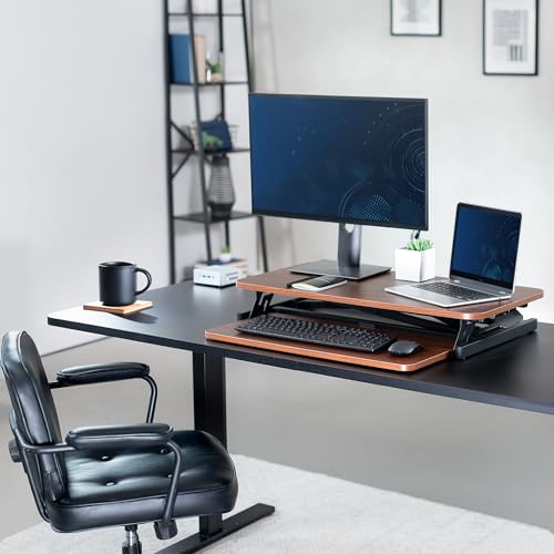 Image of VIVO Dark Walnut 32 inch Standing Desk Riser, DESK-V000SD | Height Adjustable, Stand Up Desk Converter, Quick Sit to Stand, Tabletop Dual Monitor Riser Workstation, Minimal Assembly