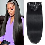 Mesariel Jet Black Seamless Clip in Hair Extensions Human Hair, 16 Inch 80g 8pcs, Remy Hair Extensions for Clip in Hair Extensions Black Women