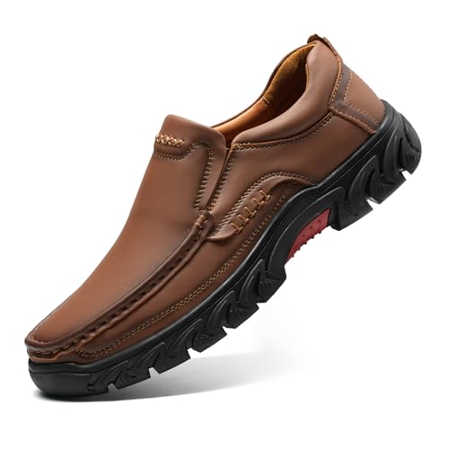 Mens Slip On Casual Loafers Classic Outdoor Leather Walking Hiking Dress Shoes Comfortable for Work Office Shoes