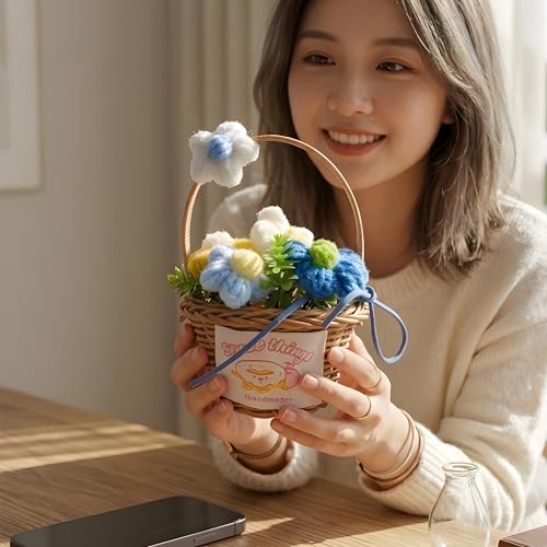 Image of Artificial Crochet Flowers Basket, 14CM Height Mini Handmade Knitted Multicolour Flower with Ribbon, Home and Office Decor Gift