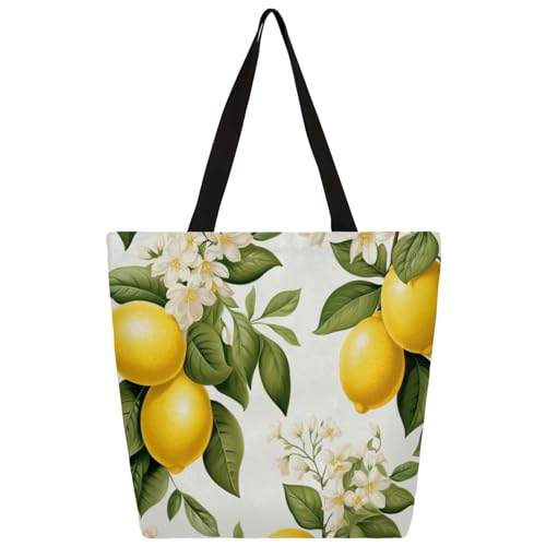 Lemon Blossom Leaf Large Capacity Canvas Tote Bag Stylish Handheld Shoulder Bag Reusable Shopping Bag for Work Travel Beach Trips Shopping