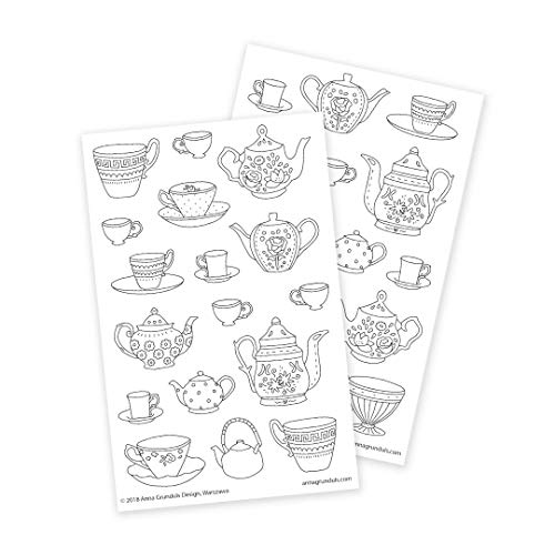 AnnaGrundulsDesign - Théières Et Tasses à Thé Autocollants Pour Coloriage Adulte, 2 Feuilles