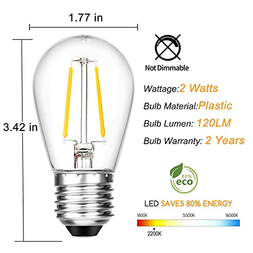 Meconard 15 Pack Led S14 Replacement Light Bulbs, Shatterproof Waterproof 2W Outdoor String Light Bulbs, E26 Medium Base, 2200K Warm White, 120Lm, Cri90, Non-Dimmable #TOP2