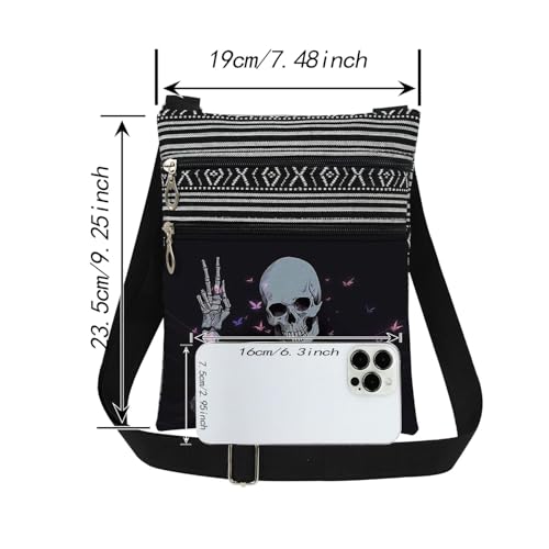 Gothic Skeleton Print Women Crossbody Bag - V Gesture Butterfly Design Men Adjustable Shoulder Strap Messenger Bag Birthday Gift Holiday Present​​ for Skull Lover Friend2