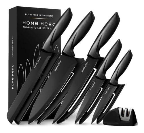 Home Hero Kitchen Knife Set 5-Piece Black Stainless Steel Knife Set with Protective Sheaths & 2-Stage Sharpener Chef Bread Carving Utility & Paring Knives