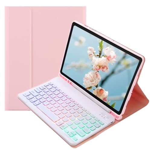 カラフルバックライト付き iPad 10.2インチ iPad 第 9 8 7 世代 iPadAir3 iPadPro10.5インチ キーボードケース お洒落 可愛い RGBバックライトキーボード マグネット分離式 学生 ビジネス,ピンク+白