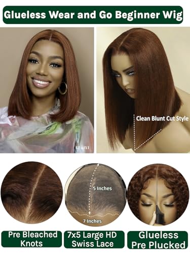 Image of KLAIYI Reddish Brown Yaki Straight Bob Wig Human Hair Glueless Bye Bye Knots Precut 7x5 Lace Front Wig Pre Bleached Pre Plucked with Baby Hair 3S Ready to Wear and Go Wig Beginner Friendly 150% 12Inch