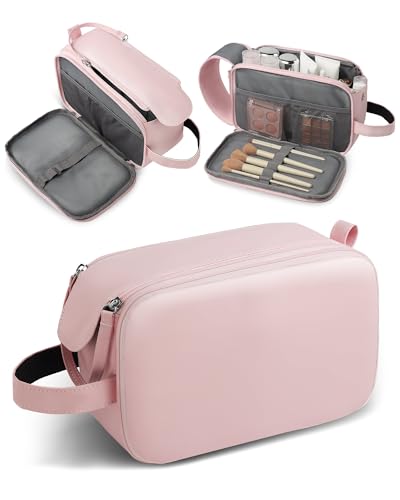 HOTOR Travel Toiletry Bag - Water Resistant Travel Essentials for Women and Men, Compact Leather Toiletries Organizer with Handle, Versatile Cruise Ship Essentials, Pink, Medium