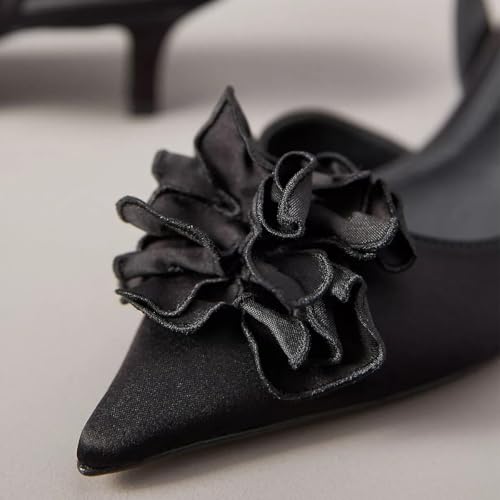 miss left Women Elegant Flower Pointed Toe Satin Slingback Pumps Slip on Comfy Low Heel Sandals Party Event Dressy Shoes Size 4-16 US3