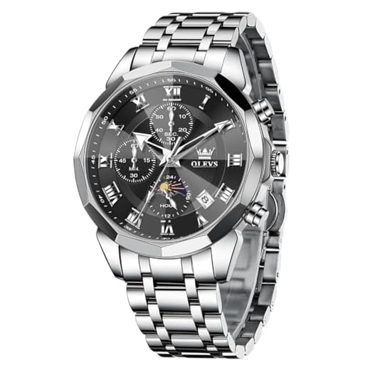 OLEVS Watch Men Luxury Black Face Sliver Stainless Steel Dress Waterproof Wrist Watches for Men Casual Analog Quartz Moon Phase Chronograph Mens Watch Relojes De Hombre