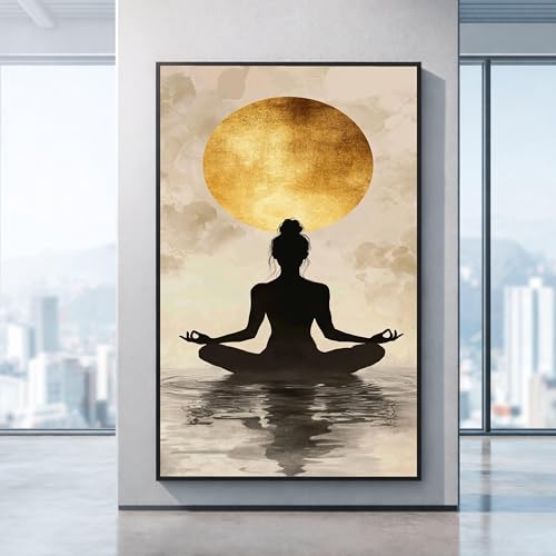 Tableau yoga femme et soleil d'or CAOXTART grand format 30x50cm avec cadre intérieur