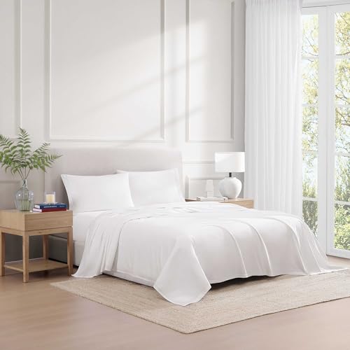 Image of Tommy Hilfiger - Sheet Set, Cotton Percale Bedding with Matching Pillowcases, Crisp & Cool, Solid Design with Hem Stripe (White /Blue, Queen)