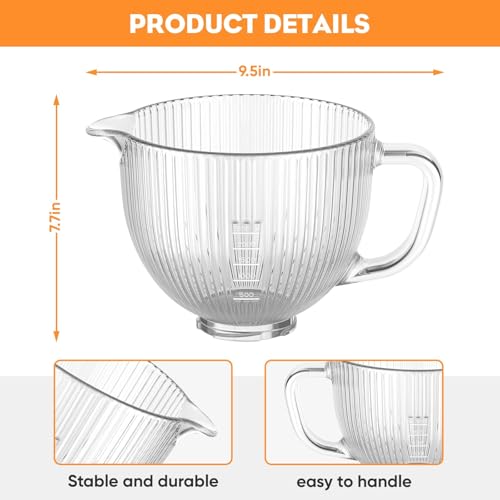Image of Cofun Glass Mixer Bowl for Kitchenaid Tilt-Head Stand Mixers 4.5-5 Quart, 5 qt Mixing Bowl Replacement for Kitchen aid with Measurement Markings,Handle