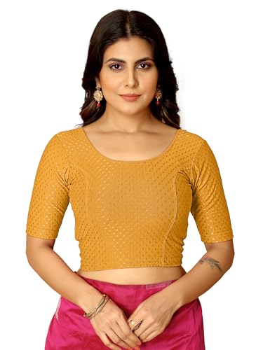 Image of Amazon Brand - Anarva Round Neck Dobby Cotton Lycra Stretchable Elbow Half Sleeve Readymade Saree Blouse for Women Stylish