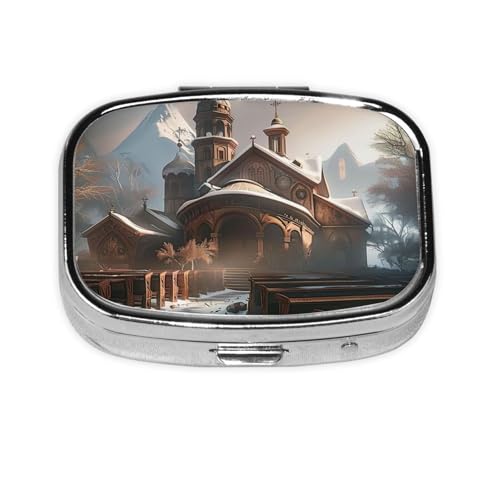 Pillendose für den Winter Kirche, quadratisch, mit mehreren Fächern, ideal für Vitamine, Nahrungsergänzungsmittel und Lebertran