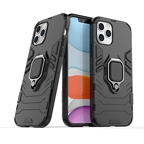Image of WOW IMAGINE Shock Proof Back Case Mobile Cover Compatible with Apple iPhone 12 Pro (Armor | Hybrid PC + TPU | Full Protection with Ring Holder Kickstand | Carbon Black)