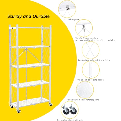 Image of BRIAN & DANY 5-Tier Foldable Storage Shelves with Wheels, Folding Metal Rack Shelving Unit, Heavy Duty No Assembly Organizer Shelf for Garage, Kitchen, Basement, Pantry, White