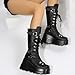 Womens Platform Knee High Boots Chunky Heel Zipper Round Toe Fashion Motorcycle Punk Goth Boots Mid Calf Combat Boots