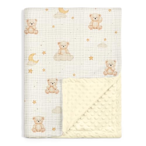 Image of SANDJEST Brown Bear Minky Muslin & Dotted Blanket 30x40 in Gift for Holiday, Gender Reveal Party, Hospital Visit, Baptism