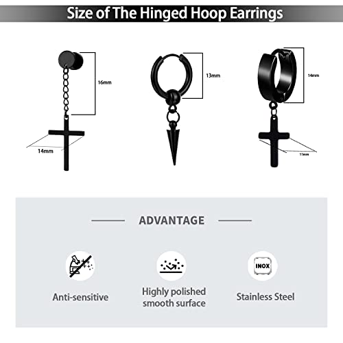 16 Pairs Men Earrings Set - Black Stainless Steel Cross Dangle Hoop & Ear Stud Fashion Piercing Jewelry For Birthdays, Parties & More #TOP3