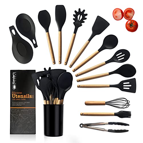 Xander’s Kitchen Silicone Utensil Set 14 Pieces – Bamboo Kitchen Utensils – Kitchen Accessories Made with Food Grade Silicone and Wooden Handle – Heat-Resistant Utensils