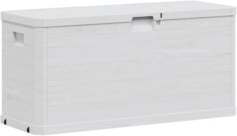 Light Grey Plastic Storage Box with Wood Texture Medium 74.6 Gallon Capacity Rectangular Outdoor Storage Chest for Patio, Deck, Garage, Indoor Use, Waterproof Deck Box