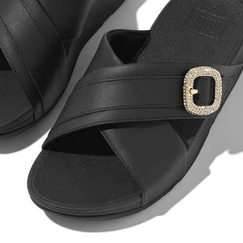 Image of FitFlop Lulu Crystal-Buckle Leather Cross Slides