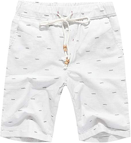 Boisouey Men's Linen Casual Classic Fit Short White Fish Bone L