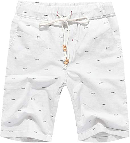 Boisouey Men's Linen Casual Classic Fit Short White Fish Bone L #TOP1