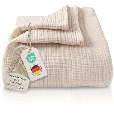 LAYNENBURG Musselin narzuta klasy premium, 150 x 200 – 100% bawełna, bardzo miękki koc bawełniany jako przytulny koc, narzuta na łóżko, sofę, ciepły koc na sofę (beżowo-piaskowy)