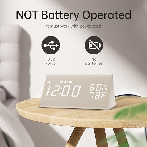 Image of Digital Alarm Clock, with Wooden Electronic LED Time Display, 3 Alarm Settings, Humidity & Temperature Detect, Wood Made Electric Clocks for Bedroom, Bedside (White)