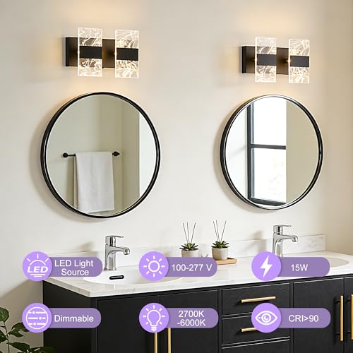 Image of Matte Black Modern LED Bathroom 2-Light Vanity Light Over Mirror