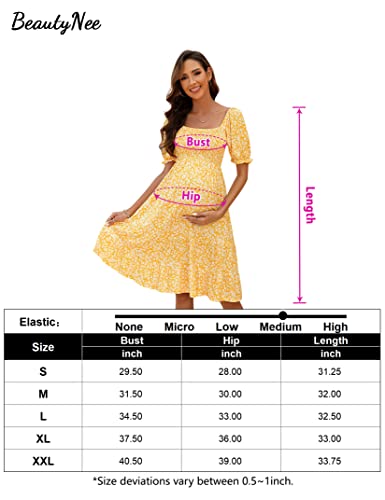 Beautynee Floral Print Maternity Dress Short Puff Sleeve Square Neck Ruffle Hem Casual Swing Pregnancy Dresses Yellow Print S #TOP5