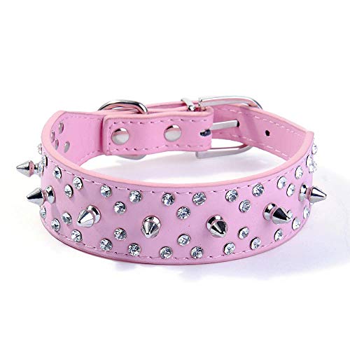 haoyueer Collare per cani con borchie a spillo, elegante collare in pelle, con rivetti e strass, morbido e regolabile per cani di taglia media e grande (S, rosa)
