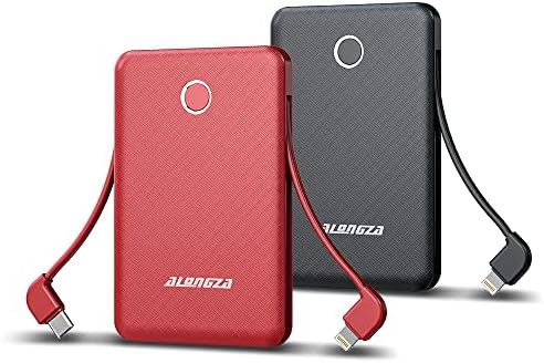 Alongza 2 Pack Small Lightweight Power Bank 6000mah Built in Cable Portable Charger Mini USB Battery Pack External Cell Phone Charger for iPhones and Android