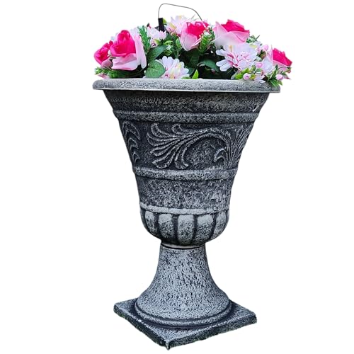 Divas World Stone Effect Urn Planter Plastic Round Tall Outdoor Garden Pot Stand Jumbo Large 55cm Antique-Inspired Vase Pedestal Flowers Pots