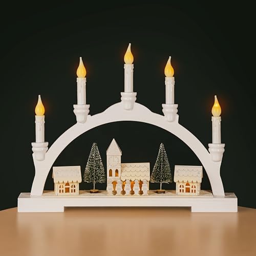 Marco Paul Wooden White Town Scene Christmas Candle Bridge with 5 Faux Candle Arch Christmas Decorations Village Scene LED Battery Operated Xmas Ornaments Table Window Decor