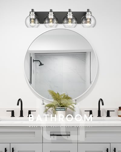 Image of Bathroom Light Fixtures, 4-Light Black and Brushed Nickel Bathroom Vanity Light, 26 Inch Modern Wall Sconces with Globe Clear Glass Shade, Vanity Lighting Fixtures Over Mirror, VL195-KN-4