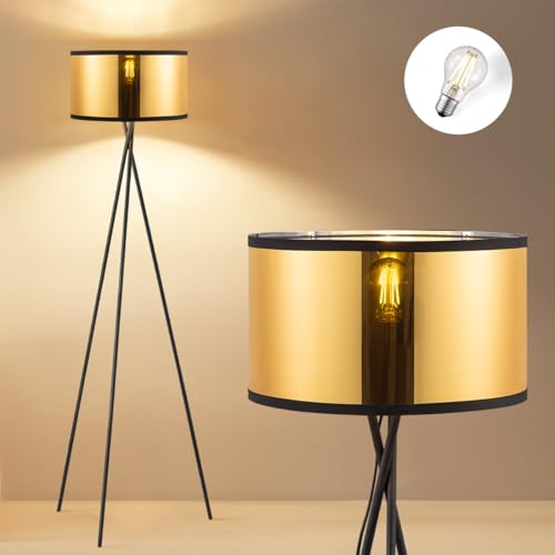 Home Sweet Home Moderner Scharz Metall Stehlampe | 53/53/138cm ｜mit E27 LED-Lichtquelle 4W 2700K | Stehleuchte Retro mit Dreibeinstativ| Mit Gold Lampenschirm｜fur Wohnzimmer und Schlafzimmer
