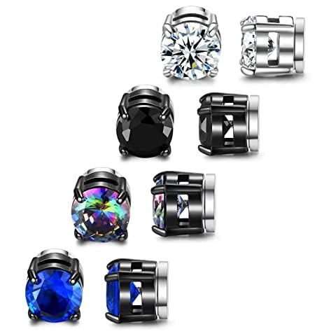 SIISPRI 4 Pairs Magnetic Stud Earrings for Men Stainless Steel Magnetic Earrings Men Clip on Earrings Non Piercing Earrings Unisex CZ Magnetic Earrings for Men 6MM (4 Pairs Rainbow) Cover