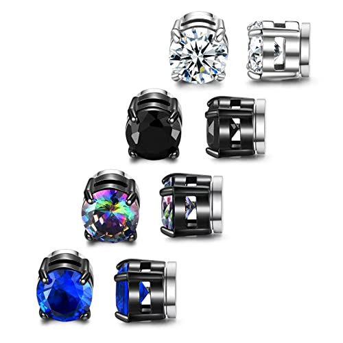 SIISPRI 4 Pairs Stainless Steel Clip on Earrings - Non Piercing, Unisex CZ Magnetic Earrings for Men 6MM