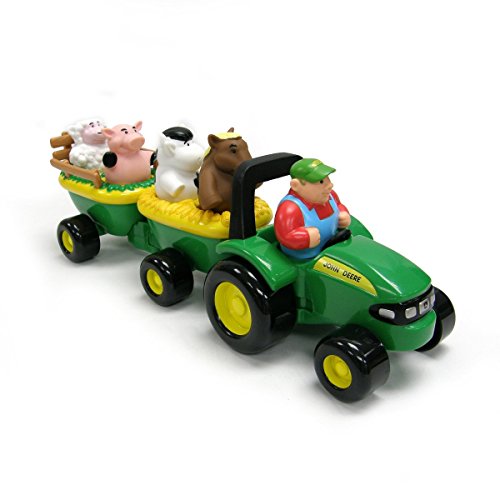 John Deere Heuwagen mit Tiergeräuschen, Spielzeuganhänger mit Bauer und 4 Tieren zum Spielen für Drinnen und Draußen, Spielzeug für Jungen, Geschenke für Kleinkinder, Für Kinder ab 18 Monaten