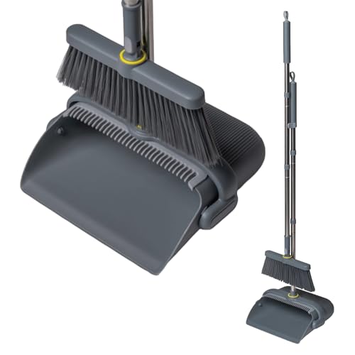 Image of BonKaso Broom and Dustpan Set with Long Handle, Upright Standing Floor Broom and Jhadu with Self Cleaning Comb, Rubber Lip and Multilayer Bristles, Foldable Space Saving Indoor Cleaning Set