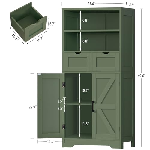 Image of TEENFON Bathroom Cabinet with Adjustable Shelf & 2 Drawers, Farmhouse Storage Cabinet with 2 Doors, Kitchen Storage Cabinets for Living Room, Entryway, Home Office, Forest Green