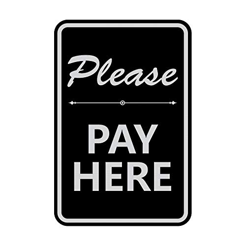 Portrait Round Please Pay Here Sign with Adhesive Tape, Mounts On Any Flat Surface (Black/Silver) - Small