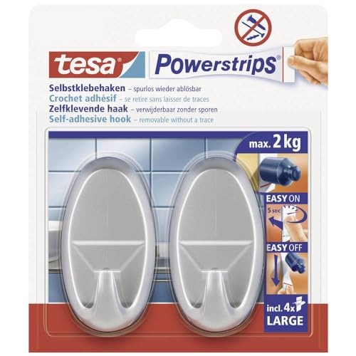tesa Powerstrips Haken Large OVAL - Selbstklebender Wandhaken für Glas, Kacheln, Holz, Kunststoff und andere Untergründe - Matt-Chrom