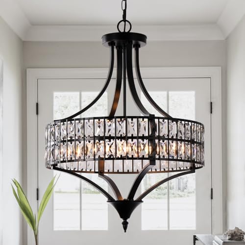 Image of Crystal Black Chandelier, 5-Light Farmhouse Rustic Pendant Light Fitting, Industrial Black Ceiling Lights with E14 Dimmable Socket, Adjustable Height Hanging Ceiling Light Fixture, Modern Ceiling Ligh