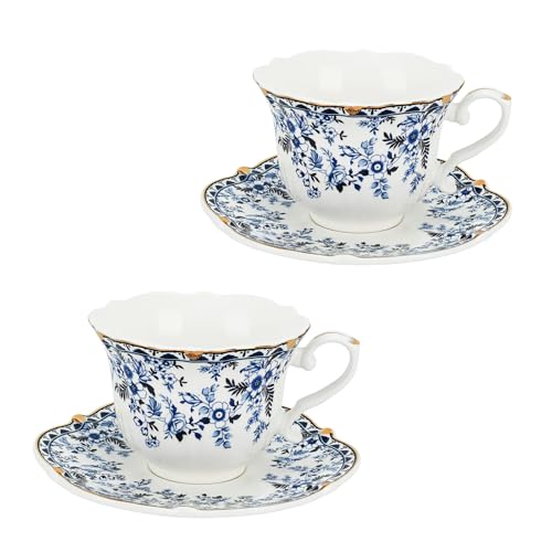 TMZDCJK Elegant Afternoon Tea Set of 2 250ml Ceramic Coffee Cup and Saucer Set Blue & White Porcelain Espresso Cups Vintage Gilded Cappuccino Mugs for Tea Coffee Americano Latte